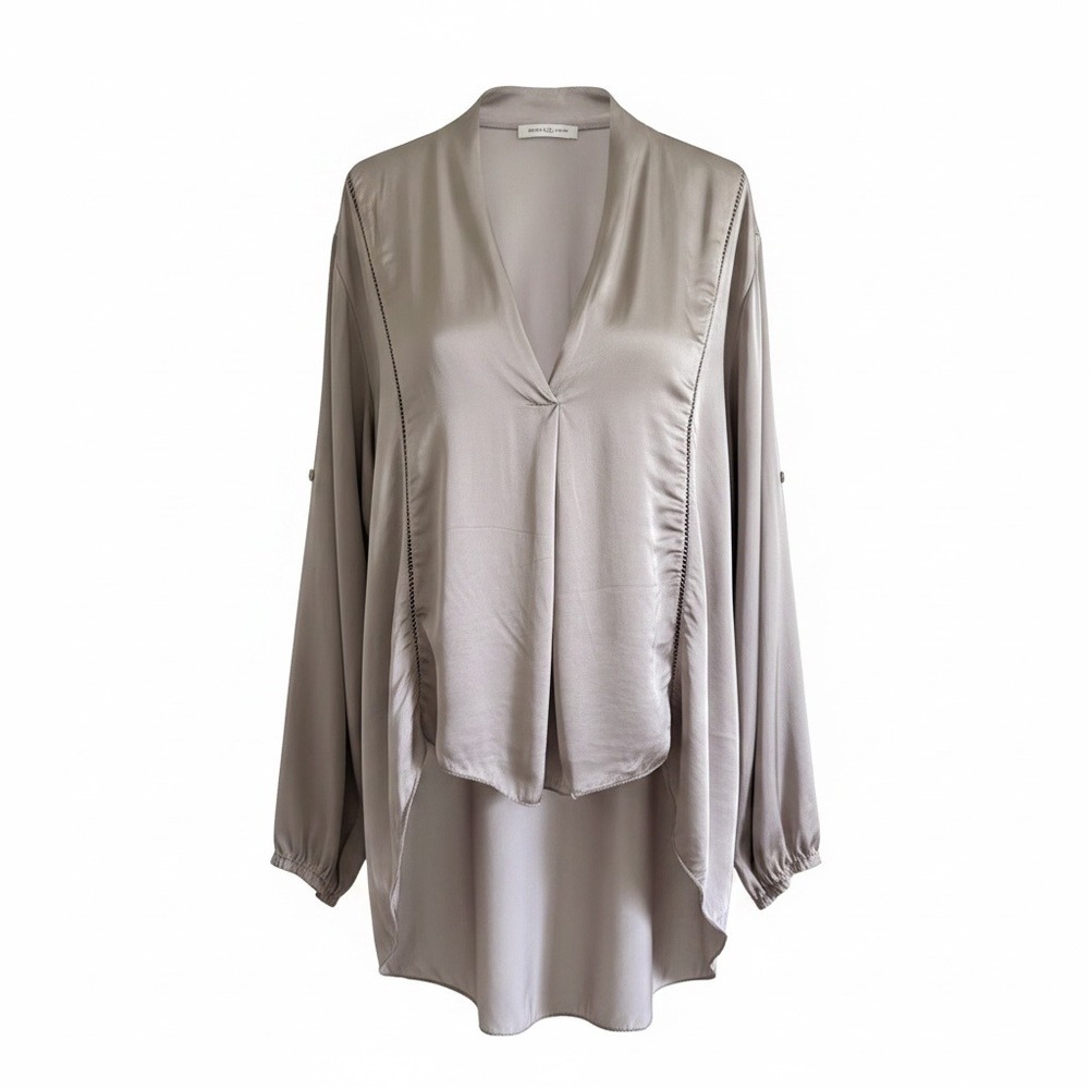 Scandal Italy Women L/XL Taupe Silk V-Neck Ladder Stitch High-Low Blouse Top
